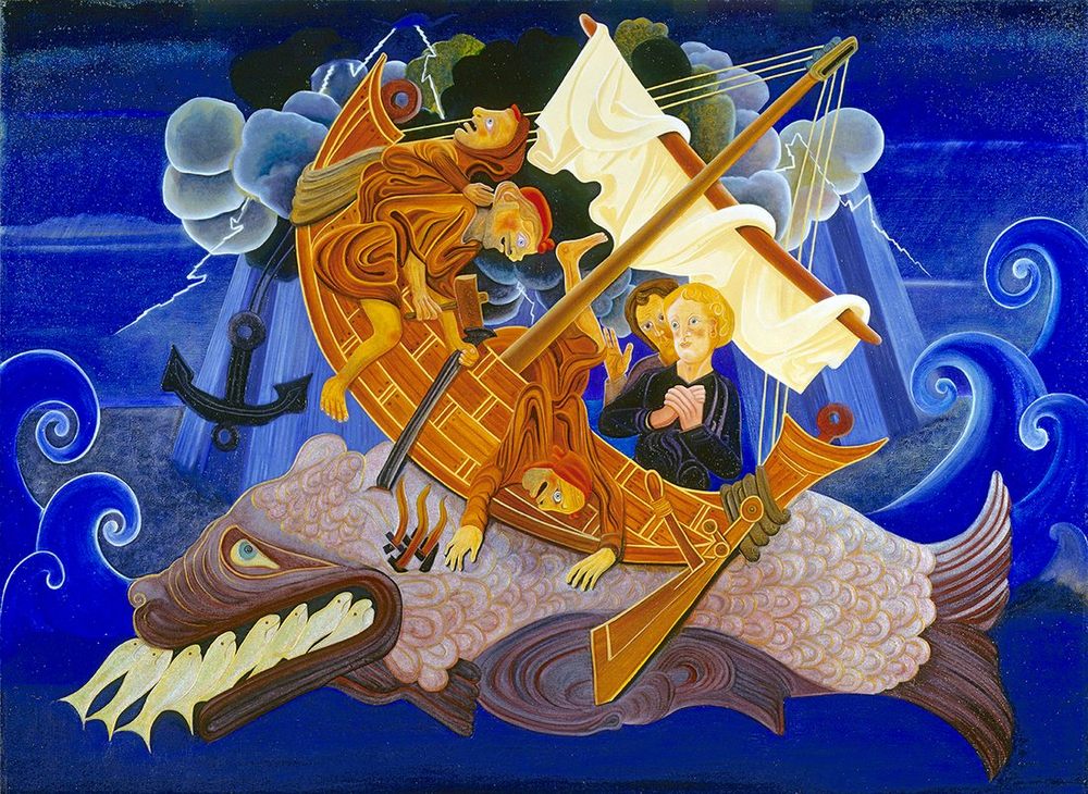 A golden sailing ship riding on the back of an enormous fish with an open jaw, on a deep blue sea, a figure in white standing at the mast.