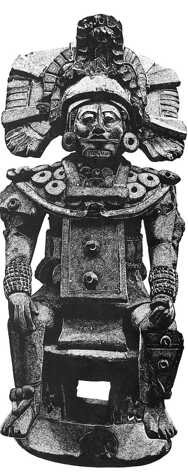 Pen-and-ink drawing of a seated Mesoamerican figure in an elaborate feathered headdress and beaded collar, rendered entirely in fine stipple.