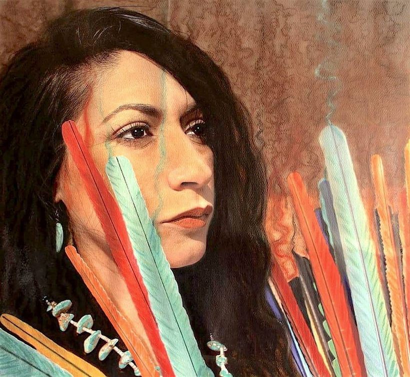Portrait in oil, pastel and ink: a dark-haired woman in three-quarter view beside a bundle of upright feathers in red, teal and white.