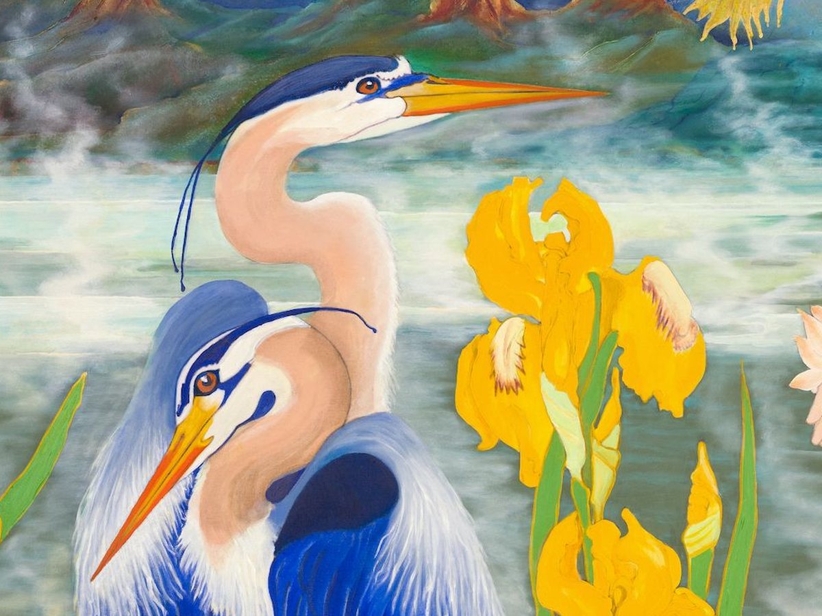 Detail from Dusk (The Angry Heron): two great blue herons beside a yellow iris, painted in close detail.