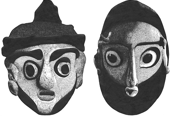 Pen-and-ink drawing: Glass Masks.