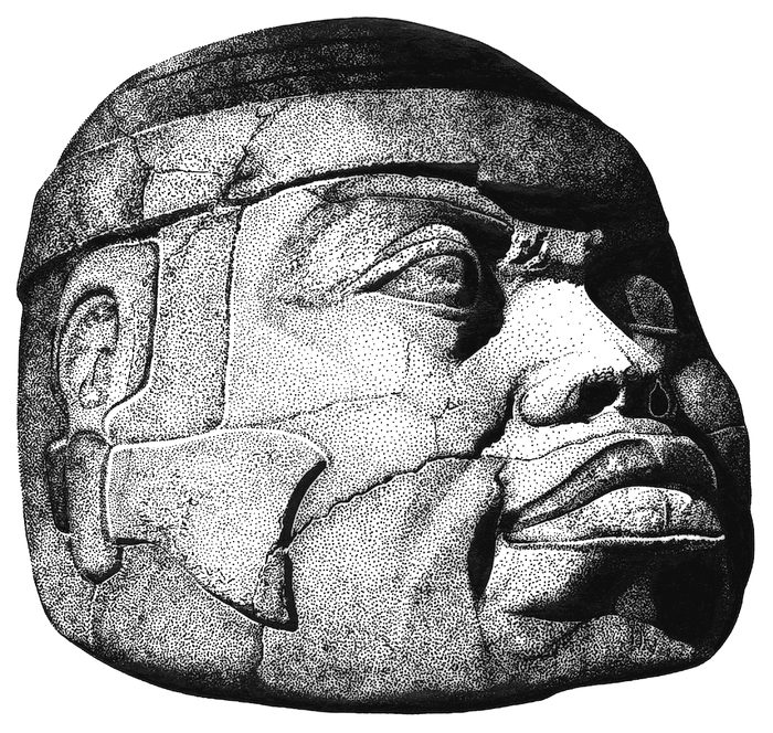Colossal Olmec head, pen and ink.