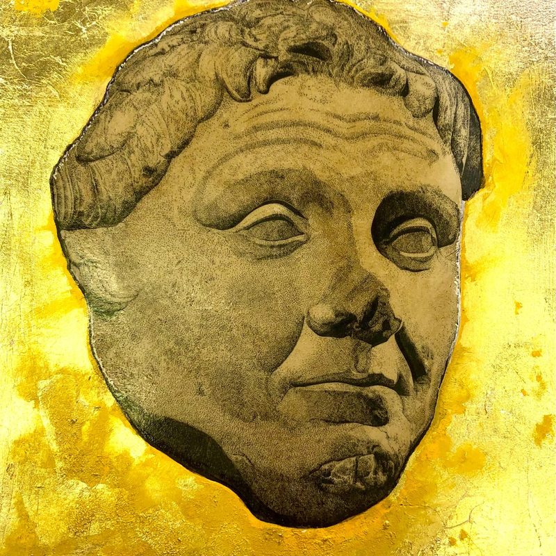 A pen-and-ink head of Pompey the Great on gold leaf.
