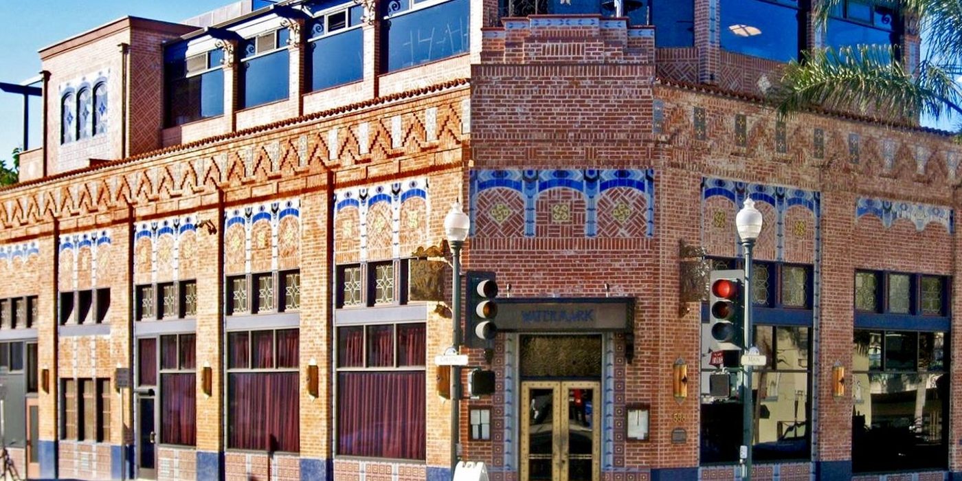 The Watermark building on Main Street, Ventura, with bands of restored tile.