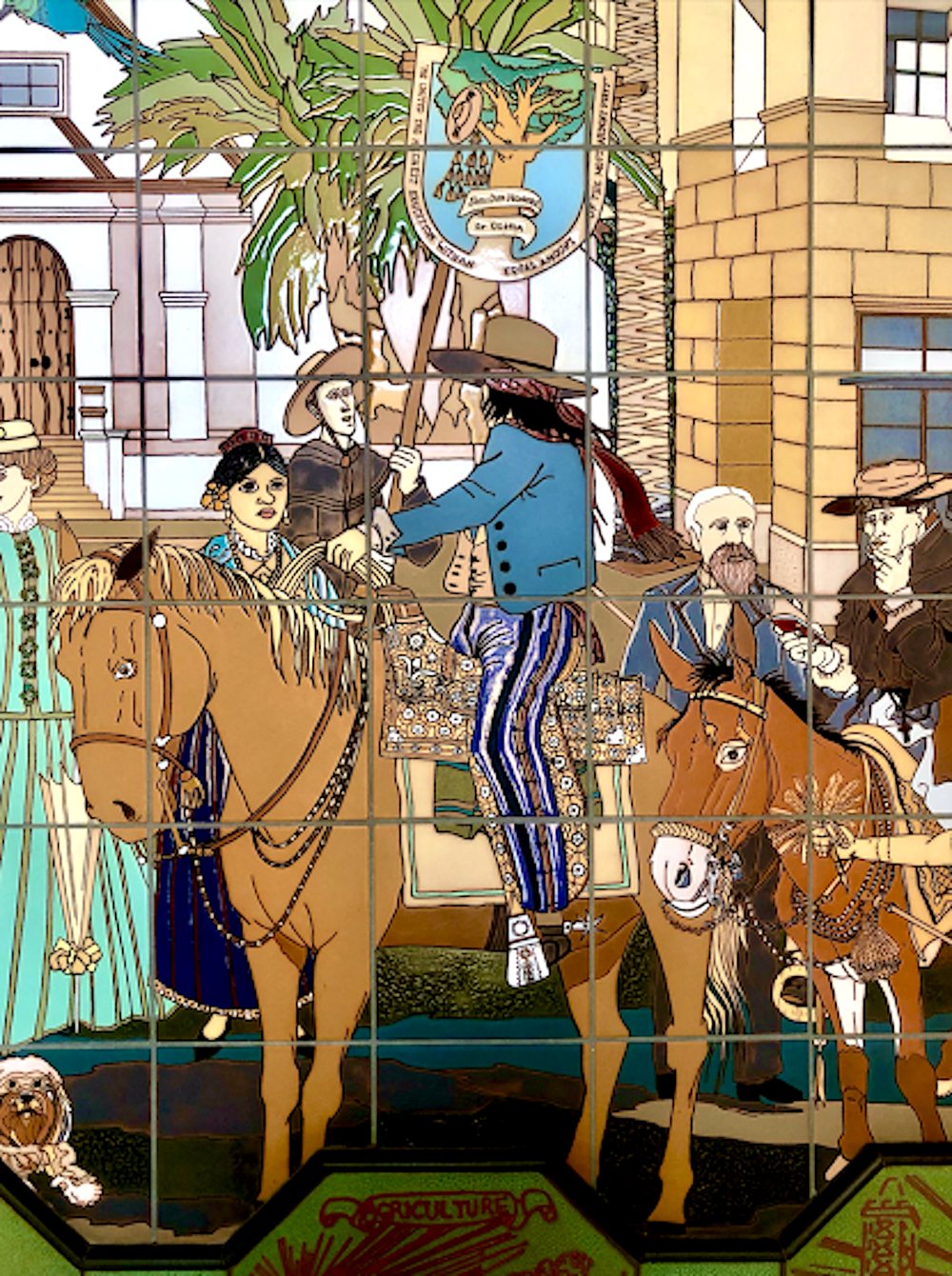 Close detail of Las Palmas: riders and townspeople in period dress beneath palms and the city seal, in hand-glazed tile.