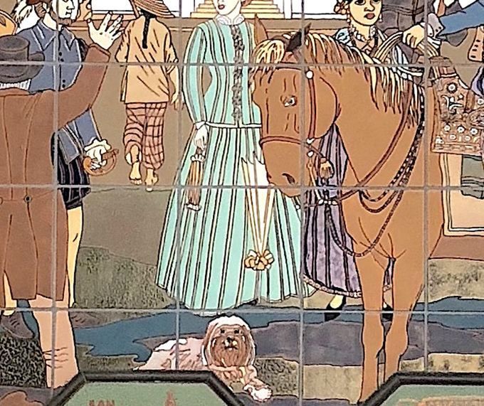 Detail: a small shaggy long-haired dog lying at the feet of the crowd, beneath a horse, in the upper register.