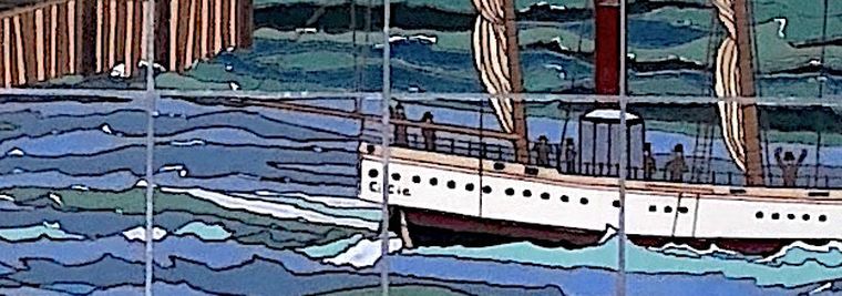 Detail: the coastal steamer at the wharf in the lower register, its name lettered small on the hull.
