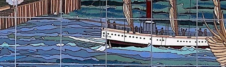 Detail of the lower register: a coastal steamer with a red funnel lying off a timber wharf, passengers at the rail, gulls overhead and a whale fluke breaking the horizon.