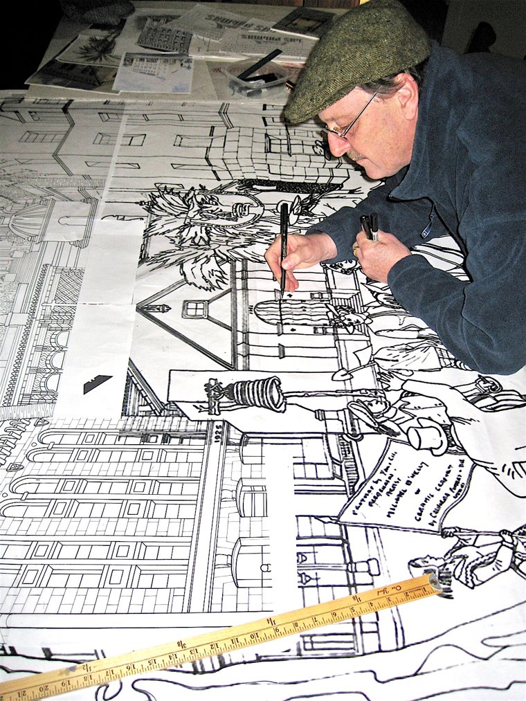 Michael O'Kelly bent over a full-size pen-and-ink mural drawing, marker in hand.