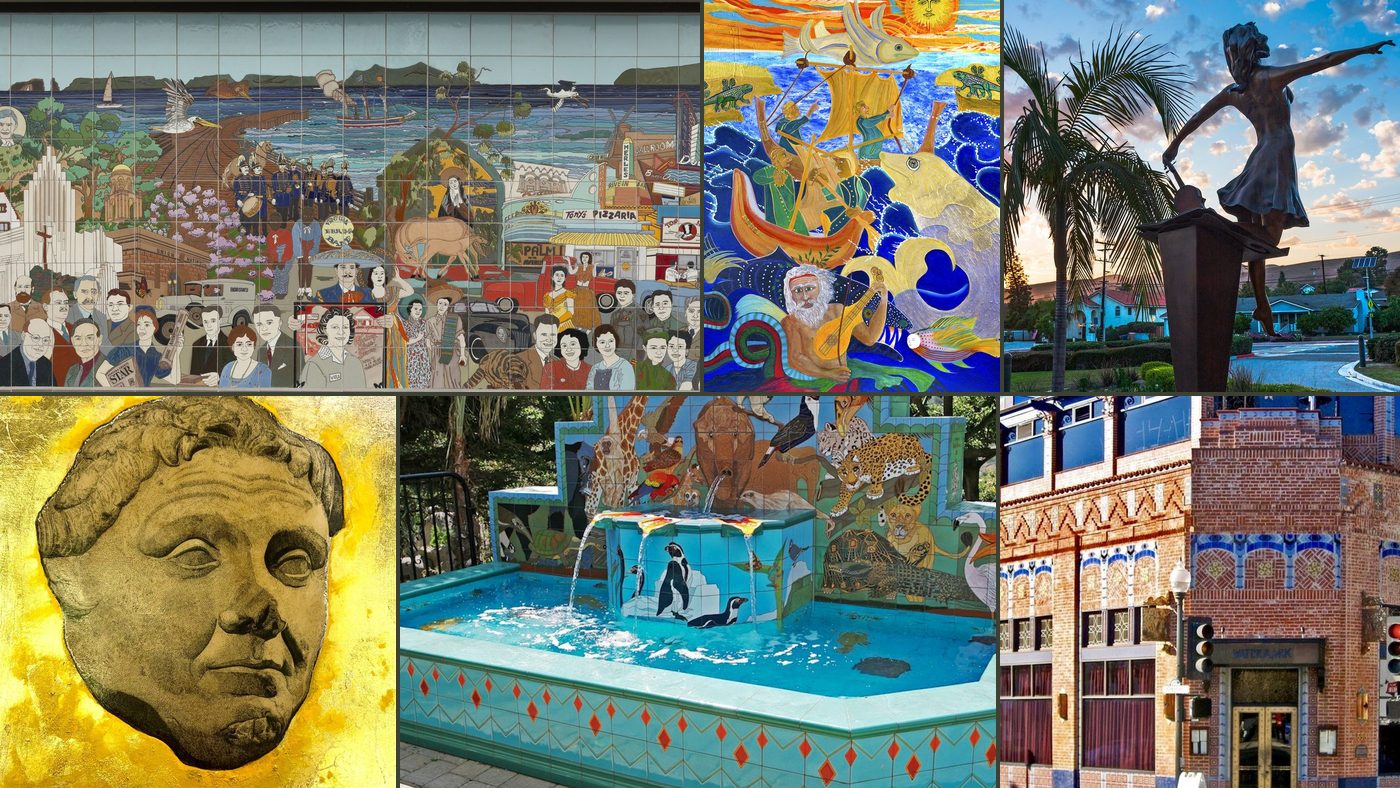 A mosaic of Michael O'Kelly's work: mural, painting, bronze, drawing, fountain and building facade.