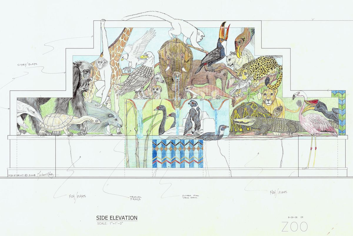 Original scaled design drawing for the Santa Barbara Zoo fountain: a side elevation in pencil and coloured pencil showing giraffe, elephant, jaguar, flamingo, penguins and a tortoise around a tiled basin, with annotations and a scale of one inch to one foot.