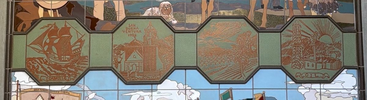 Detail of a finished band of octagonal ceramic medallions, modelled in terracotta relief on an oxide-green ground, showing a sailing ship, a mission, an orchard and an oil derrick.