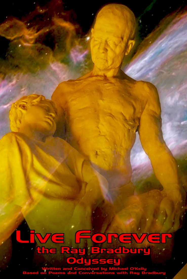 Poster for the play The Ray Bradbury Odyssey, with a golden figure in a dark sky.