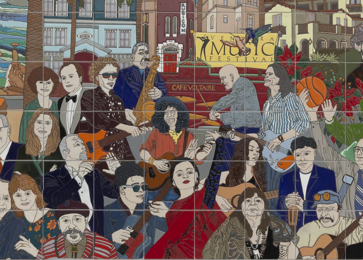 Detail of the mural's arts and music stretch: musicians, singers and townspeople in hand-glazed tile.
