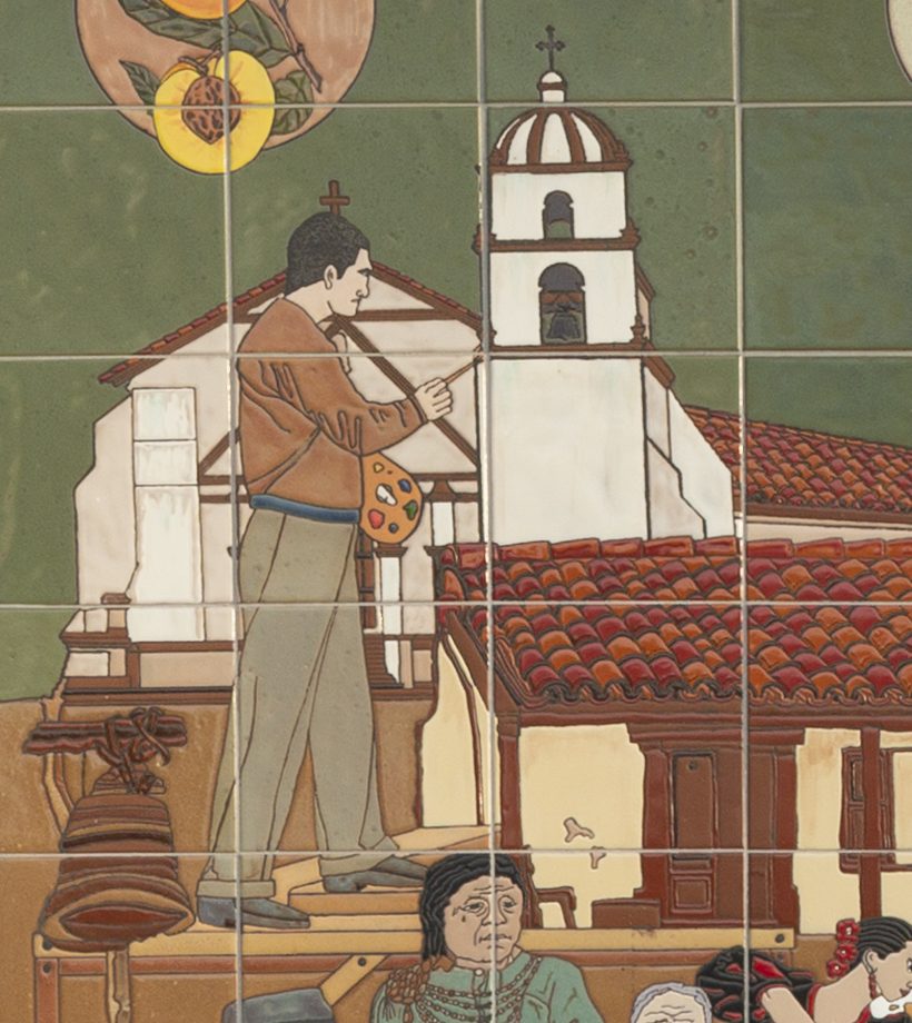 Detail: a painter on a scaffold with a palette, painting the San Buenaventura Mission, at the far left of the mural.