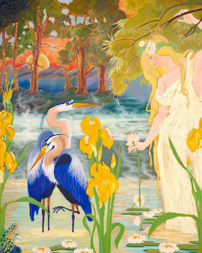 Dusk (The Angry Heron): two great blue herons standing among yellow irises at the water's edge, with a pale figure and trees behind.