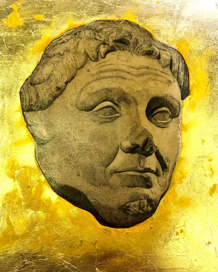 A pen-and-ink drawing of a carved ancient head, set on a field of gold leaf.