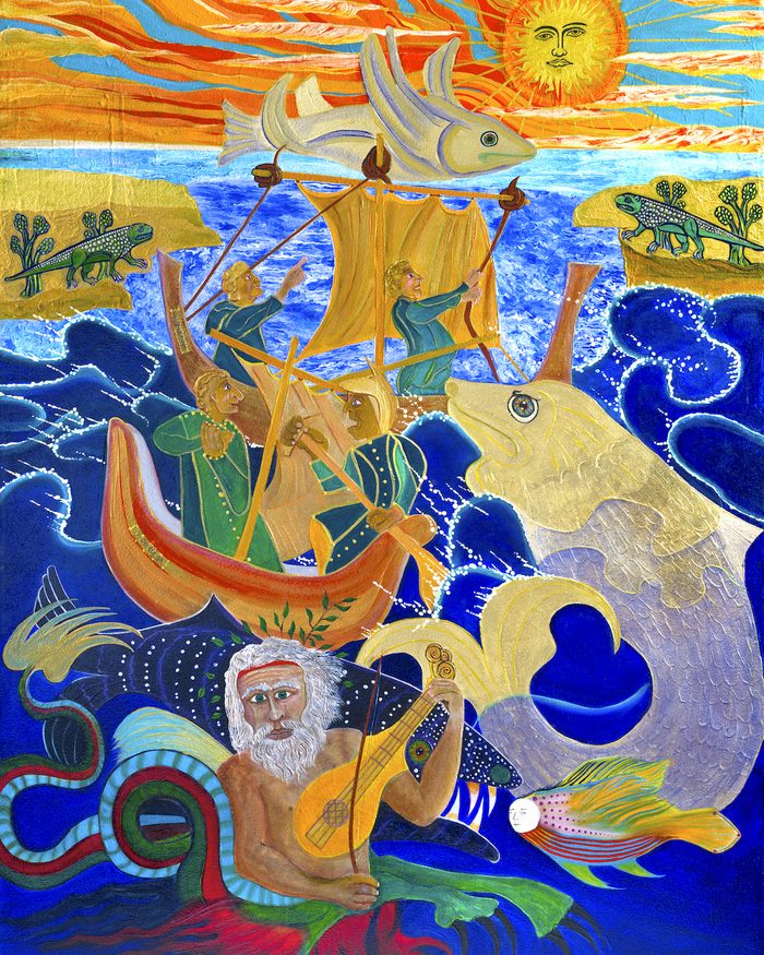 Poseidon Fiddles with Time: an aged sea god, half man and half crab, in a dense undersea scene.